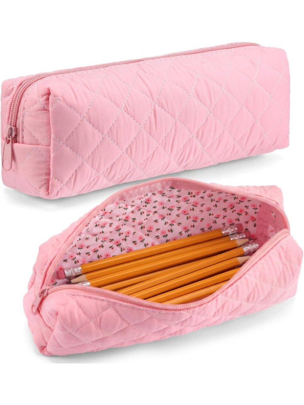 Cute Pink Quilted Floral Pencil Case & Makeup Bag - Travel Toiletry Organizer